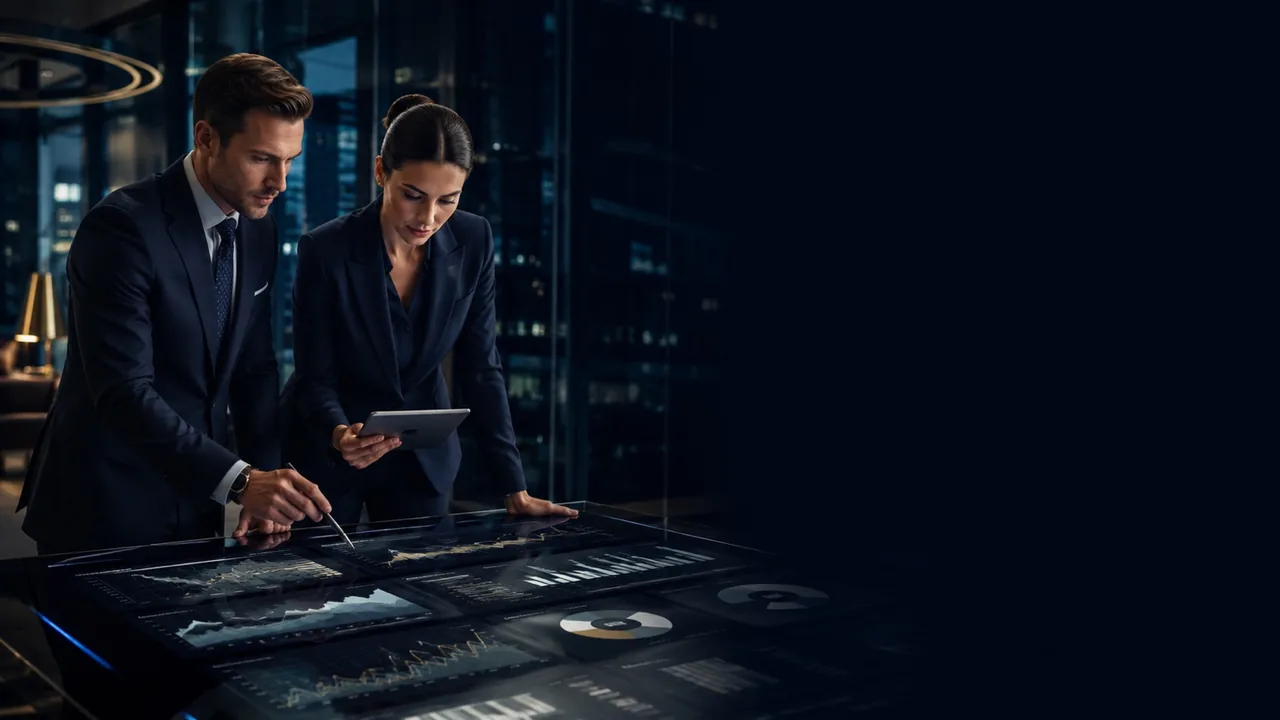 Professionals analysing global market information on a digital table.